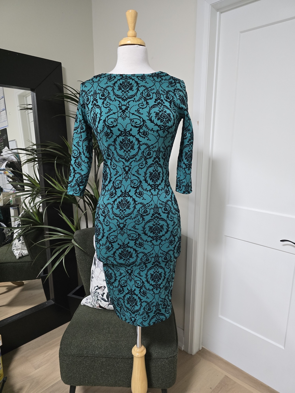 Teal and Black Printed Bodycon Dress - Women